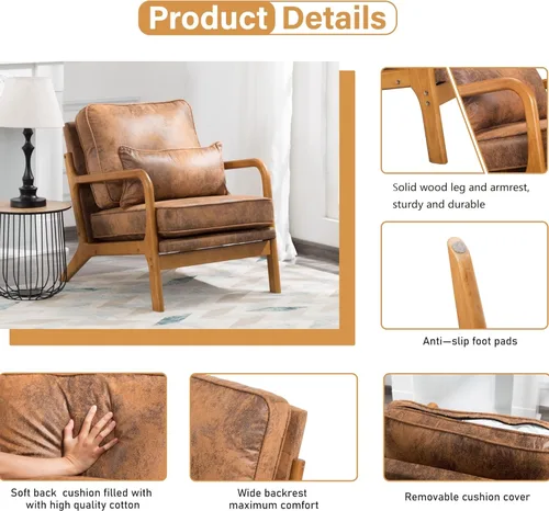 Miniatura 3 de Silla decorativa para sala de estar, sillón tapizado moderno de mediados de siglo con almohada, sillón de lectura, cómoda silla decorativa