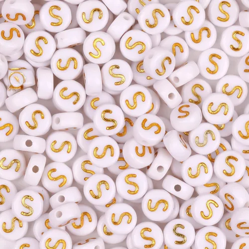 Miniatura 28 de 300 cuentas de letras S de 0.157 x 0.276 in, cuentas blancas del alfabeto de forma redonda acrílica, cuentas sueltas para pulseras con nombre