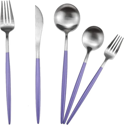 Miniatura 6 de Juego de cubiertos de lujo, 20 piezas de acero inoxidable 18/10 con mango morado mate para 4 personas, incluyendo tenedores, cucharas, cuchillos