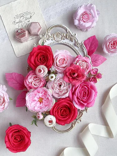 Miniatura 126 de FACINOC Ramos de Rosas Artificiales Naranjas, Juego de Caja de Flores Artificiales con Tallos para DIY, Bodas, Despedidas de Soltera, Decoraciones