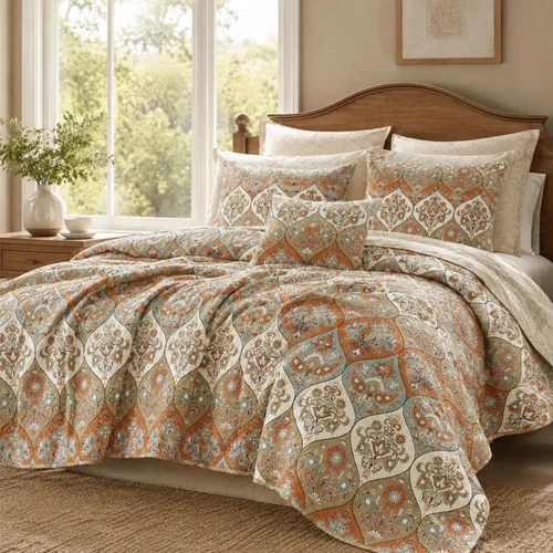 DaDa Bedding - Juego de colcha bohemia con 1 funda de almohada, color coral, verde azulado, floral, cachemira, jardín, fiesta, reversible,