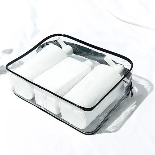 Miniatura 5 de Paquete de 4 bolsas de almacenamiento de maquillaje transparentes para bolsa de playa, accesorios con ganchos mosquetón, Claro, Bolsa