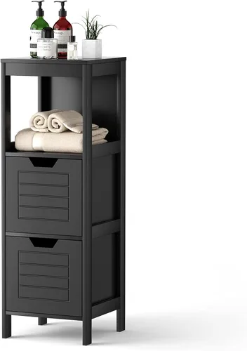 DORTALA Gabinete de almacenamiento de baño, organizador multifuncional de madera con 2 cajones, gabinete de piso de baño que ahorra espacio para
