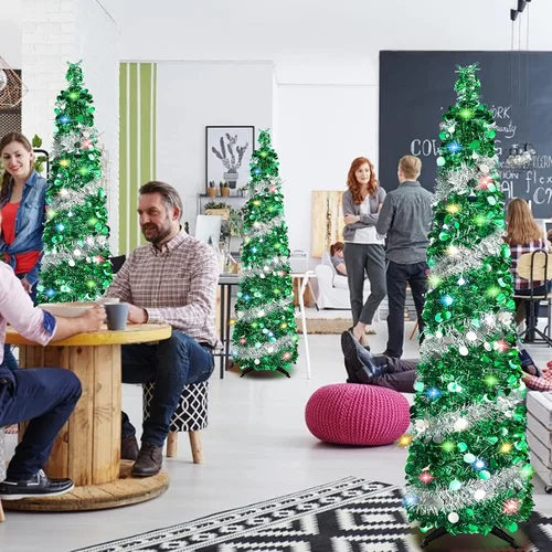 Miniatura 7 de Árboles de Navidad de 5 pies con 90 luces coloridas, árbol de Navidad plegable de lentejuelas artificiales, árbol de Navidad de oropel alto y Plata