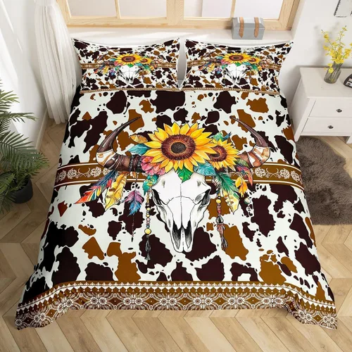 Miniatura 40 de Erosebridal Funda de edredón de piel de vaca marrón con estampado de vaca de las tierras altas, juego de ropa de cama occidental exótico azteca