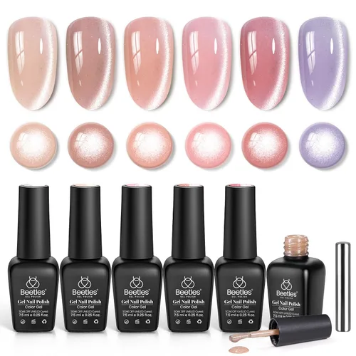 Miniatura 16 de Beetles - Juego de esmalte de uñas de gel de 6 colores, ojo de gato plateado, gel transparente rojo, rosa, amarillo, verde, negro, con efecto