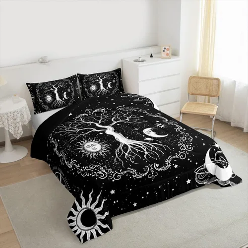 Miniatura 4 de Erosebridal Juego de ropa de cama con diseño de árbol de la vida, juego de edredón de sol y luna, ropa de cama gótica bohemia tamaño individual, 2