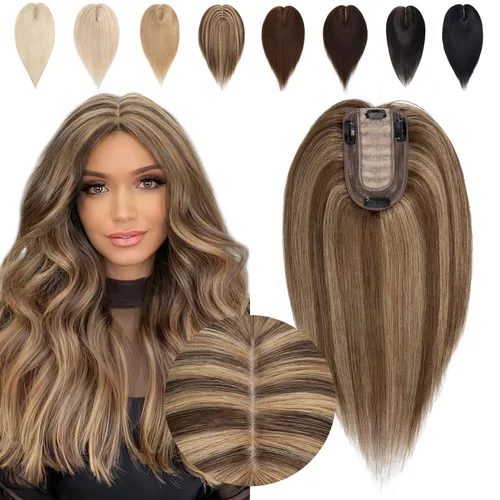 Toppers para el cabello para mujeres con cabello fino, 12 pulgadas, sin flequillo, 100% cabello humano real, densidad del 150%, #4P27, castaño medio