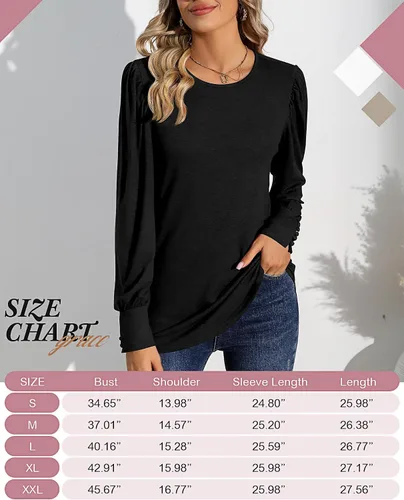 Miniatura 6 de Riyiper 2 piezas de camisetas de manga larga abombadas para mujer, estilo casual, holgadas, cuello redondo, puños con botón