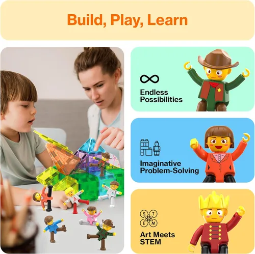 Miniatura 4 de PicassoTiles - Juego de figuras magnéticas de 15 piezas con personajes giratorios, juguetes para niños, juego de expansión para bloques