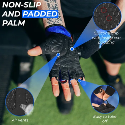 Miniatura 8 de BEAST RAGE Guantes de entrenamiento para hombres, guantes de gimnasio duraderos con agarre de palma para mujeres, medio dedo, elástico