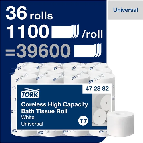 Miniatura 2 de Tork Rollo de papel higiénico de alta capacidad sin núcleo, blanco, T7, universal, 2 capas, 36 x 1100 hojas, 472882
