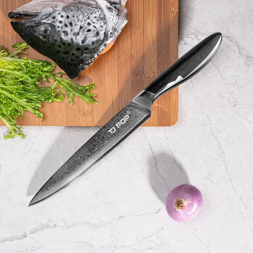 Miniatura 8 de TJ POP Cuchillo de tallado de Damasco para carne, cuchillo profesional de 8 pulgadas, diseño de espiga completa, hoja de acero japonesa VG-10, mango