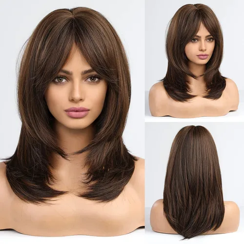 Miniatura 15 de Alanhair MEACO - Pelucas color castaño rojizo para mujer, pelucas largas en capas naranjas con flequillo, pelucas de fibra sintética resistentes al