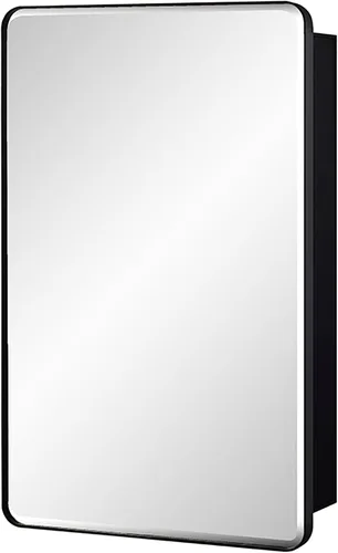 Miniatura 3 de IDYLLOR Gabinete de espejo de baño negro para medicinas con puerta con esquinas redondas y borde biselado, 15 x 25 pulgadas, montaje empotrado