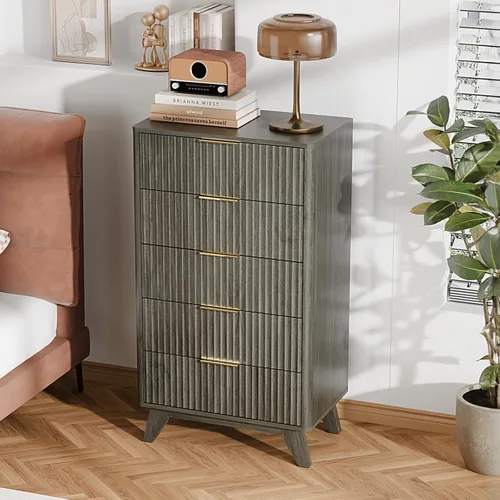 VINGLI Cómoda alta acanalada con 5 cajones, cómoda de 23.66 pulgadas de ancho, cómoda de madera gris con bordes redondeados, aparadores grises para