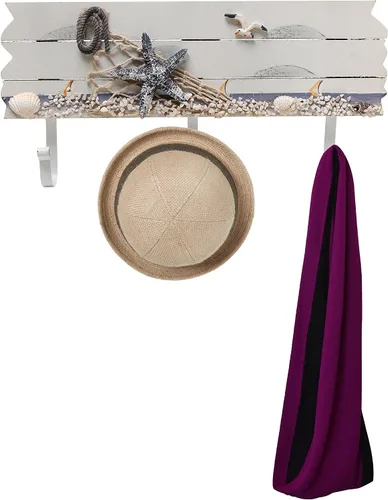 Miniatura 4 de Perchero de madera con 3 ganchos de metal con diseño de mar y playa, con estrellas de mar, gaviotas y conchas de mar