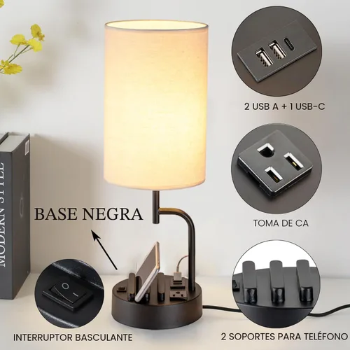 Miniatura 2 de Dreamholder Lámpara de mesa con 3 puertos de carga USB, moderna lámpara de escritorio con toma de CA y soportes para teléfono, lámpara de noche