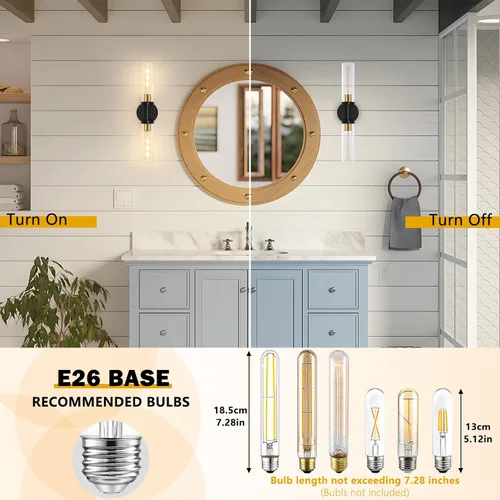 Miniatura 4 de Baocuz Lámparas de baño de 2 luces sobre espejo, luces de tocador negras y doradas para baño, apliques modernos con vidrio transparente para baño