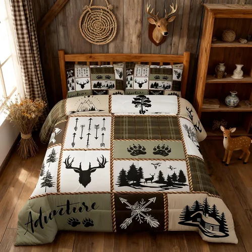 Miniatura 160 de Juego de edredón de cuernos de ciervo tamaño individual, juego de ropa de cama rústica de granja con huellas de oso y pinos para decoración