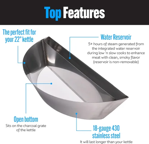 Miniatura 4 de SnS Grills - Inserto original patentado de Slow 'N Sear – Cesta de carbón de acero inoxidable con depósito de agua integrado para ahumar bajo