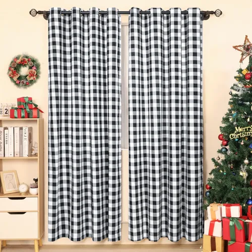 Miniatura 8 de Juego de 2 cortinas tartán escocesas clásicas semi opacas con ojales en la parte superior, lavables a máquina, verde y rojo, 52 pulgadas de ancho x