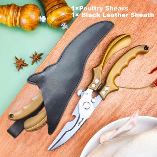 Miniatura 7 de ANDONG Tijeras de cocina – Tijeras de acero inoxidable resistentes para aves, carne y huesos con funda de cuero negro para alimentos Plus