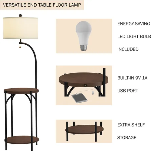 Miniatura 2 de Lámpara de pie con mesa auxiliar, estantes laterales rústicos modernos con puerto de carga USB, bombilla LED y pantalla en forma de tambor, luces