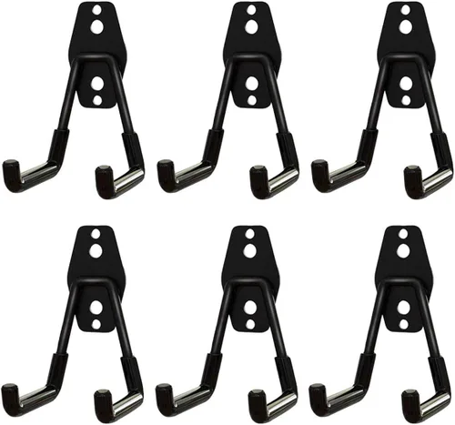 6 ganchos de garaje resistentes – Organizador de almacenamiento de pared, ganchos negros para colgar herramientas de jardín, mangueras y cables de