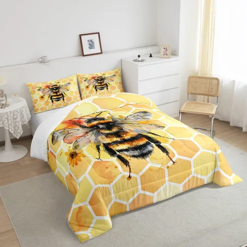 Miniatura 4 de Erosebridal Honey Bee - Juego de edredón tamaño individual, color negro y dorado, juego de edredón de animales lindos con diseño geométrico de panal