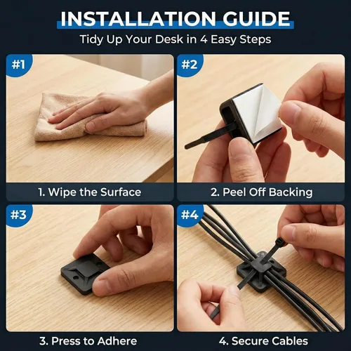 Miniatura 3 de Juego de 100 soportes autoadhesivos para cables para gestión de cables con almohadillas de palo, clips de anclaje, soportes cuadrados (negro)