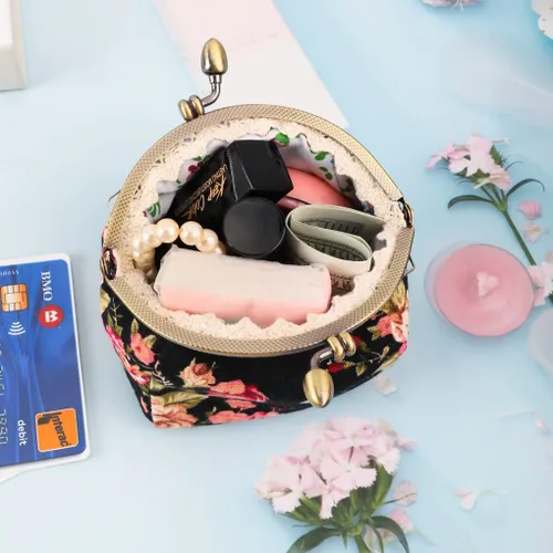 Miniatura 5 de Oyachic Monedero estampado vintage con hebilla de embrague, monedero con cierre de beso, monedero con cierre floral, carteras para mujer