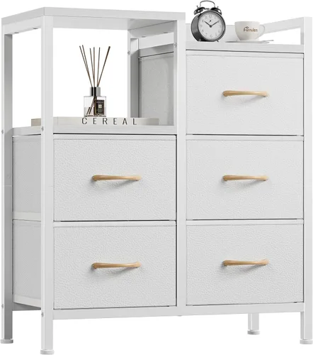 Miniatura 9 de Furnulem Cómoda blanca de 5 cajones para dormitorio, estante de 2 niveles, cómoda de tela pequeña para armario, marco de metal resistente, gabinetes