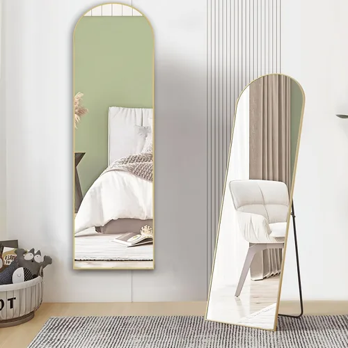 Miniatura 6 de DUMOS Espejo arqueado de cuerpo entero con soporte, marco de aluminio de pie de 59 x 16 pulgadas, para dormitorio, cuerpo colgante, inclinado