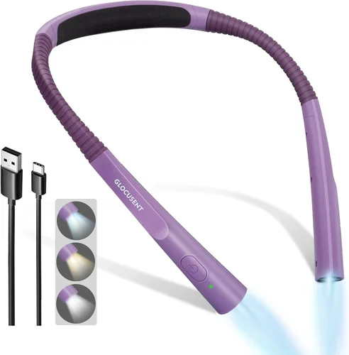 Glocusent Luz LED de lectura mejorada para el cuello, luz de libro para leer en la cama, temporizador de 30 minutos, 3 colores y 3 brillos Púrpura