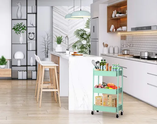 Miniatura 5 de CAXXA Organizador de almacenamiento de metal con ruedas de 3 niveles, carrito de utilidad móvil, carrito de cocina con ruedas giratorias