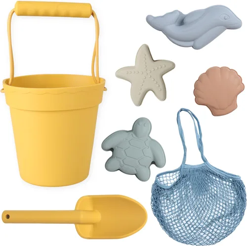 BLUE GINKGO Juguetes de playa de silicona - Bebé moderno | Juego de juguetes para viajes | Cubo de silicona, pala, 4 moldes de arena, bolsa de playa