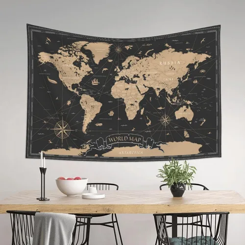 Miniatura 7 de MOUNDHONG Tapiz negro retro con mapa del mundo para colgar en la pared, tapiz de arte retro para pared, tapices de pared grandes para dormitorio