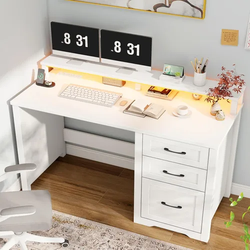 Miniatura 18 de Vabches 47" Farmhouse Executive Desk with Monitor Stand & File Cabinet,3 Drawers Computer Desk with LED Lights and Power Outlets,Workstation for