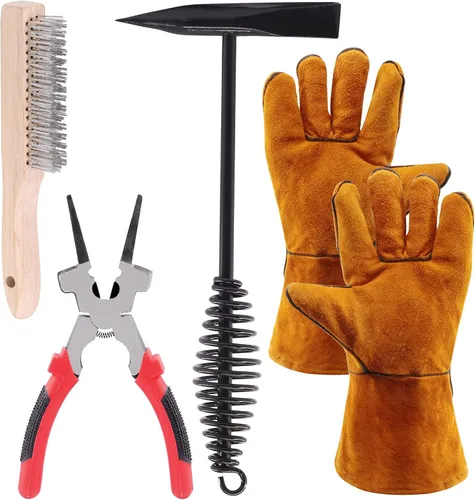 Miniatura 8 de Glarks Martillo astillador de 10 pulgadas con mango de resorte helicoidal y cepillo de alambre, par de guantes de soldadura para eliminar escoria