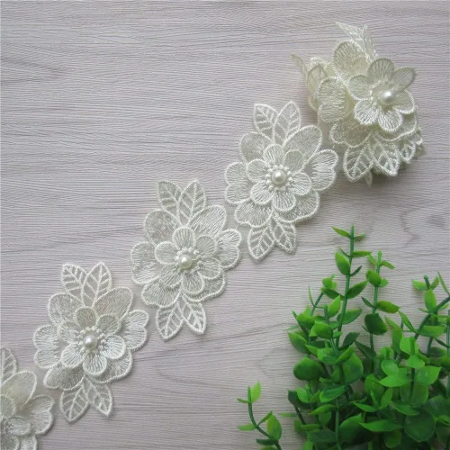 Miniatura 5 de 2 yardas de encaje de flores 3D con perlas bordadas, de poliéster, cinta de encaje con aplicación de patchwork para vestido de novia, manualidades