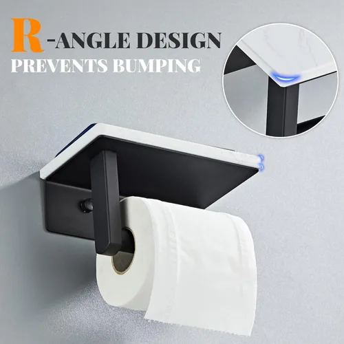 Miniatura 2 de Soporte de papel higiénico negro mate con estante, tornillo de acero inoxidable 304 montado en la pared, soporte de rollo de papel de mármol