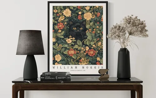 Miniatura 2 de Póster con impresión artística de gato negro, estilo William Morris, floral retro de mediados de siglo, botánico, victoriano, Academia oscura