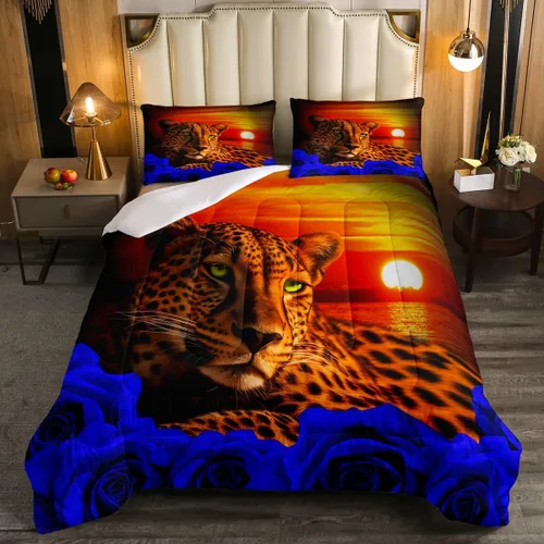 Miniatura 31 de Erosebridal Juego de ropa de cama de guepardo con rosa azul, juego de edredón con estampado de leopardo y gato, edredón romántico de plumón