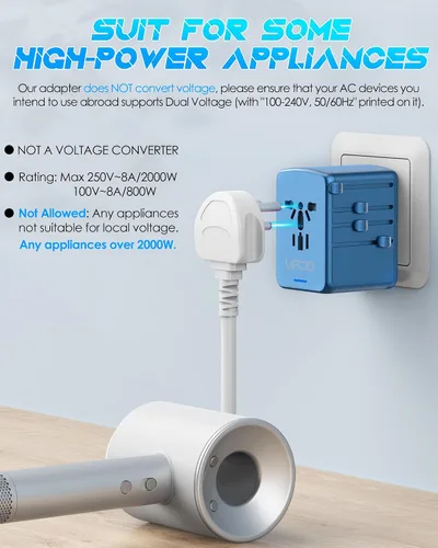 Miniatura 4 de Adaptador de viaje universal, carga rápida PD de 35 W y 2 USB C 3 USB A y salida de CA de 2500 W, adaptador de corriente internacional para Europa