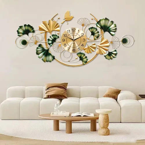 Miniatura 8 de Reloj de pared grande, reloj de pared decorativo de hoja de ginkgo único, decoración de pared de flor de metal dorado de lujo, reloj silencioso