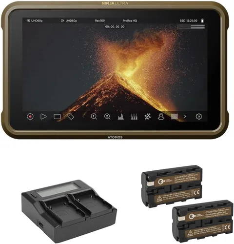Atomos Ninja Ultra - Grabador de monitor HDR de 5.2 pulgadas, paquete con 2 baterías NP-F550 y kit de placas base de pantalla LCD de cargador