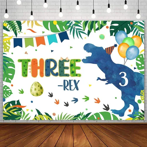 AIBIIN Telón de fondo de cumpleaños de dinosaurio de 7 x 5 pies para niño, feliz 3er cumpleaños, dinosaurio, huevo, globo, confeti, fondo de
