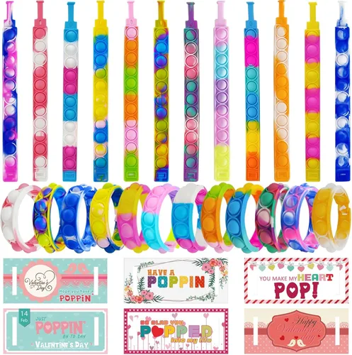 Miniatura 3 de 24 pulseras para el día de San Valentín con 24 tarjetas, juguetes para ansiedad de burbujas multicolor para la escuela, pulsera Pop Fidget Fidget