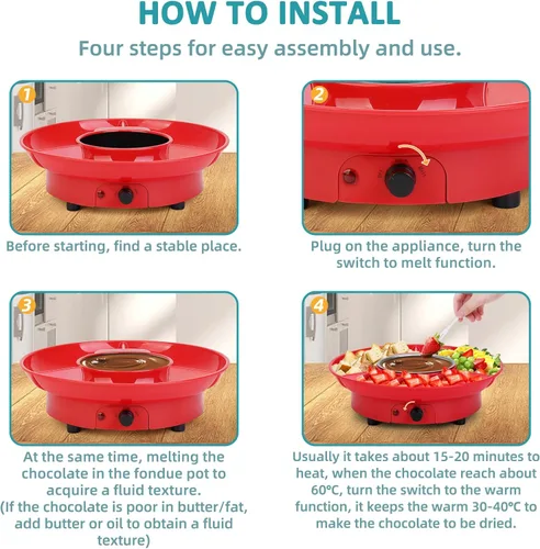 Miniatura 4 de Mini olla eléctrica de chocolate de 8.79 onzas, juego de fondue para fundir con 4 tenedores, bonita fuente de fondue de chocolate, máquina Rojo